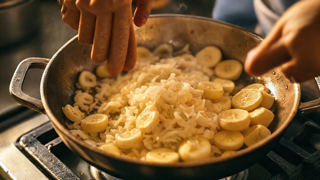 Mãos refogando cebola em frigideira enquanto adicionam rodelas de banana no preparo da farofa.