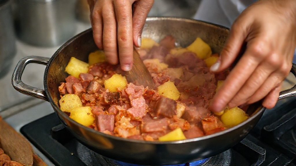 Mão mexendo a farofa na frigideira grande, misturando bacon, calabresa e abacaxi dourado