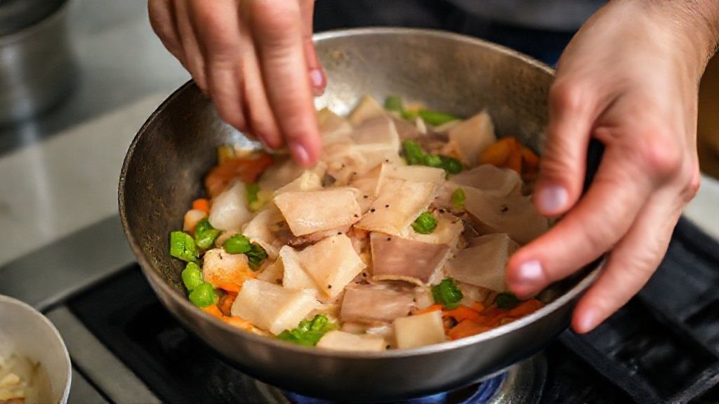 Mãos refogando ova de tainha e temperos em frigideira larga