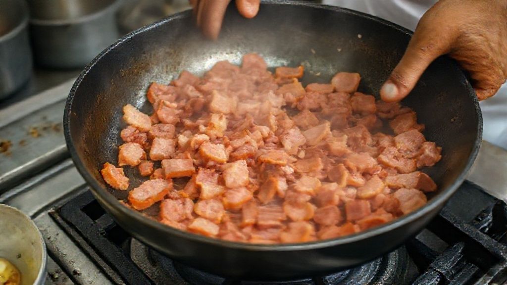 Mãos refogando bacon e linguiça em panela grande durante o preparo da farofa fria