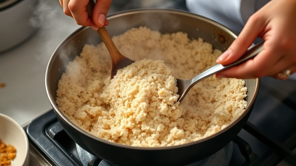 Mãos mexendo a farinha enquanto hidratam a mistura com caldo quente na frigideira