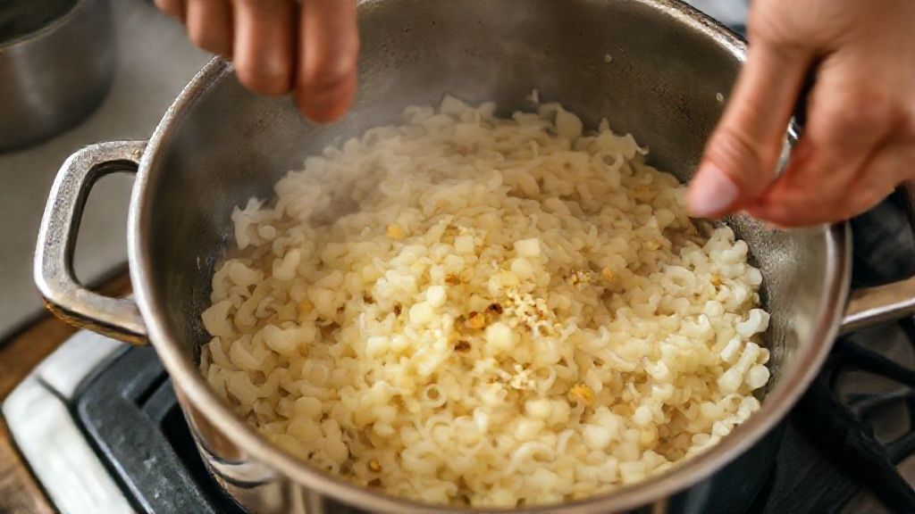 Mãos refogando cebola e alho em panela antes de adicionar o feijão cozido