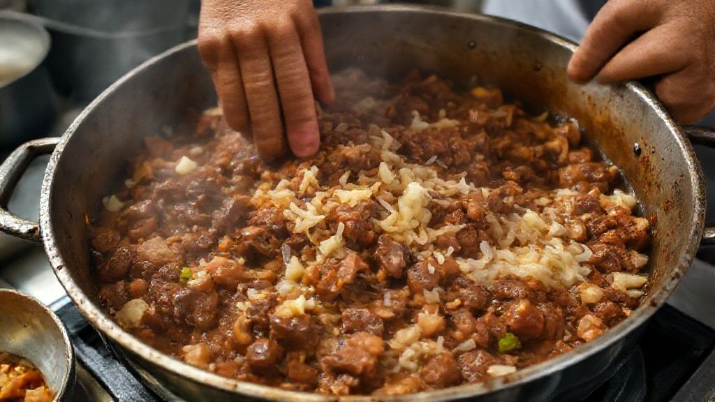 Mãos refogando carnes e temperos em panela grande durante o preparo da feijoada