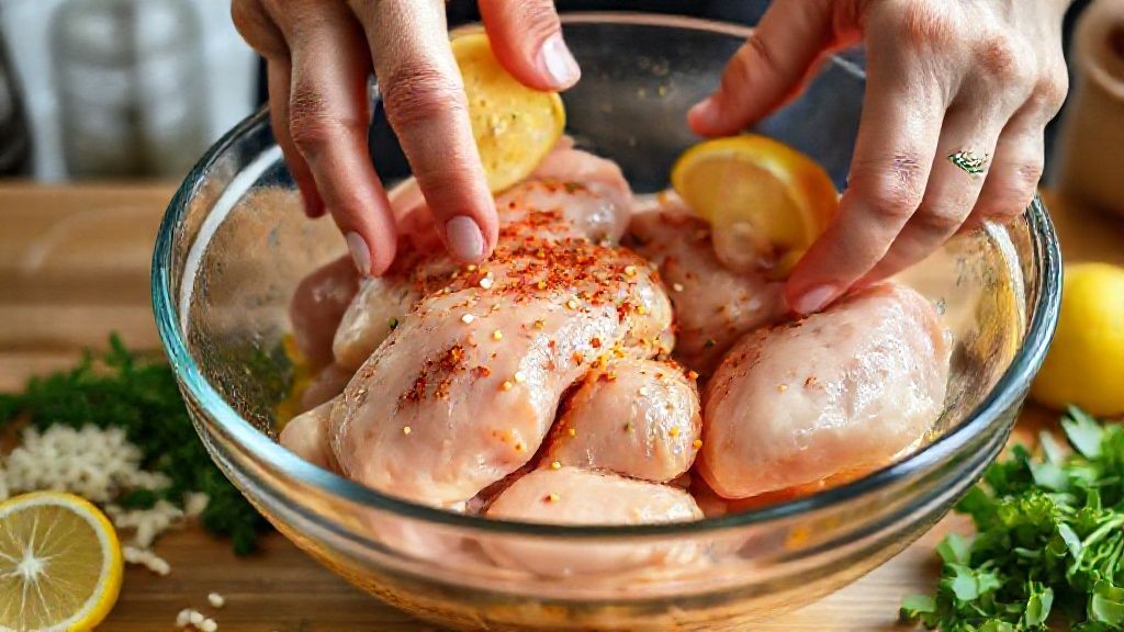 Mãos temperando os filés de frango com alho, páprica e limão em tigela de vidro