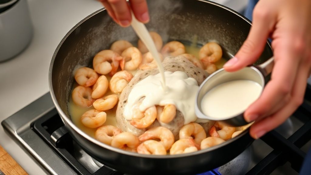 Mãos salteando camarões em frigideira e adicionando creme de leite para formar o molho cremoso.