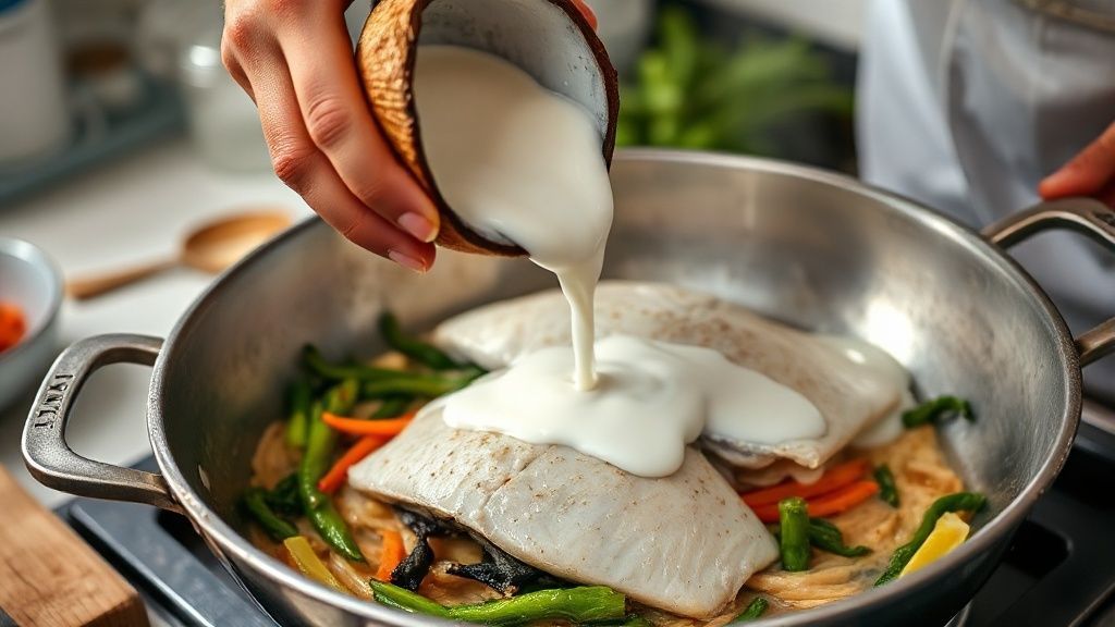 Mãos adicionando o leite de coco sobre os filés de peixe na frigideira durante o preparo