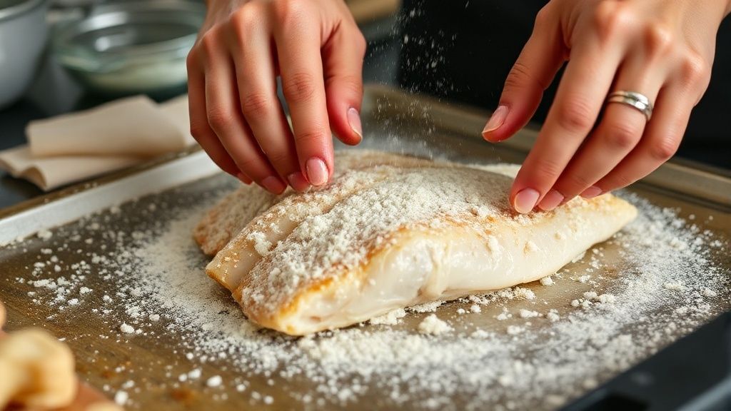 Mãos empanando o filé de tilápia antes de fritar como parte do modo de preparo