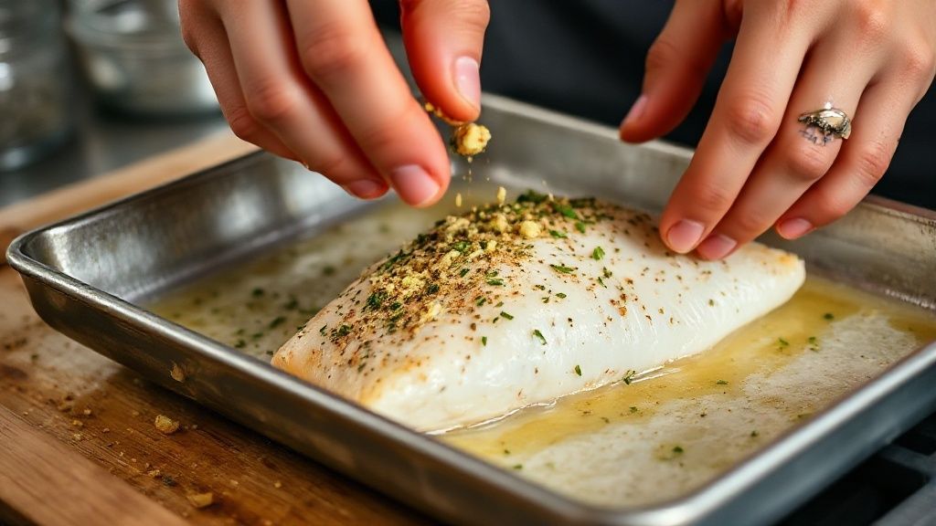 Mãos temperando os filés de tilápia com molho de alho, coentro e azeite antes de levar ao forno
