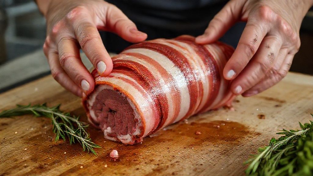 Mãos envolvendo o filé mignon com fatias de bacon antes de levar ao forno