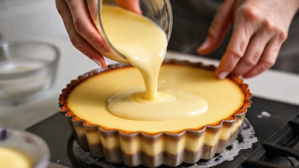 Mãos despejando a mistura do flan em uma forma caramelizada, no momento do preparo.