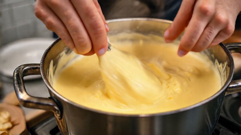 Mãos mexendo a mistura de queijos derretidos na panela durante o preparo do fondue