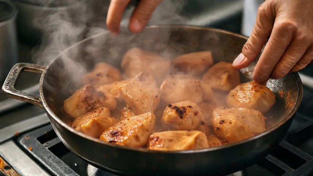Mãos dourando pedaços de frango em panela funda, soltando aroma de temperos