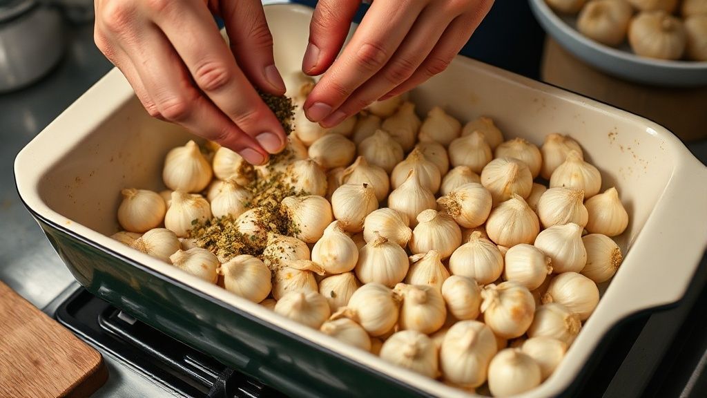 Mãos temperando e distribuindo os dentes de alho na assadeira antes de ir ao forno.