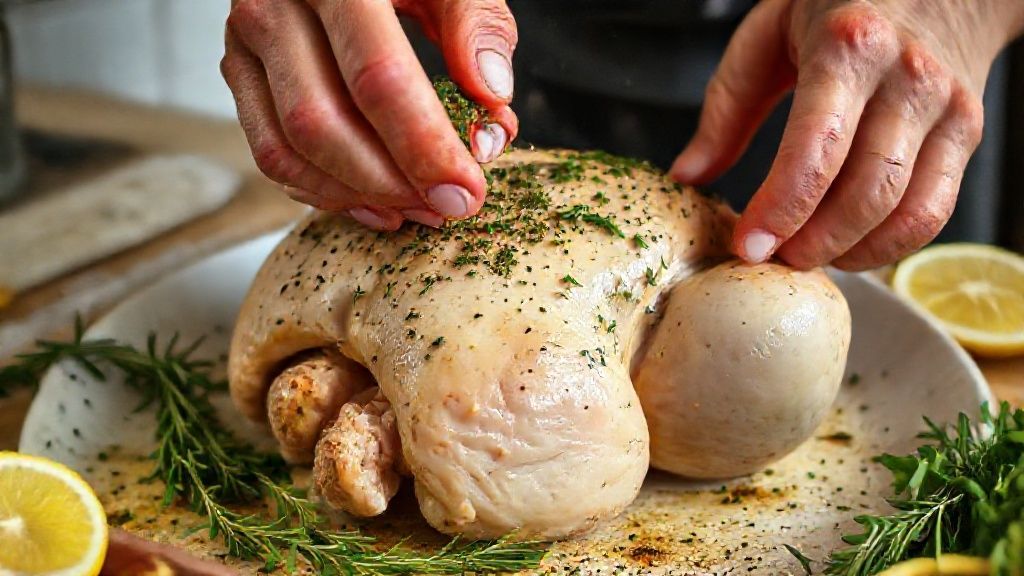 Mãos temperando o frango com ervas e limão em uma assadeira antes de assar