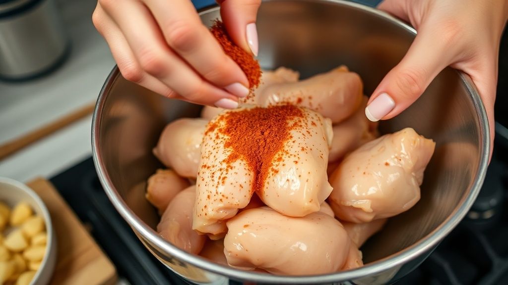 Mãos temperando pedaços de frango em uma tigela com páprica e azeite