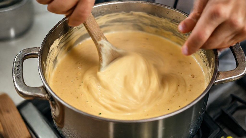 Mãos mexendo o molho cremoso na panela durante o preparo do frango