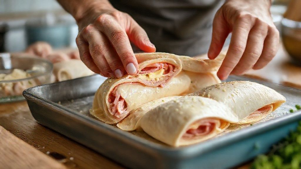 Mãos enrolando filés de frango com presunto e queijo em uma tábua de madeira