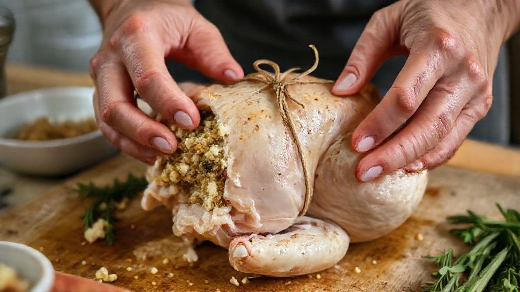 Mãos recheando o frango com farofa e amarrando com barbante culinário