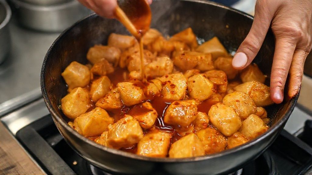 Mãos dourando o frango e adicionando o molho teriyaki à frigideira, mostrando o vapor e o brilho do molho.
