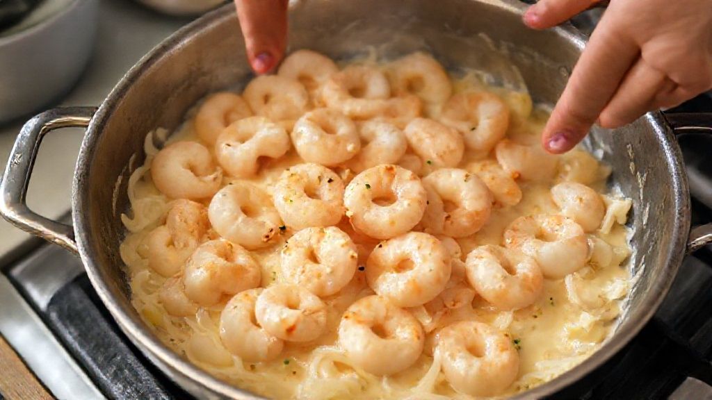 Mãos refogando camarões com alho e cebola durante o preparo do molho cremoso