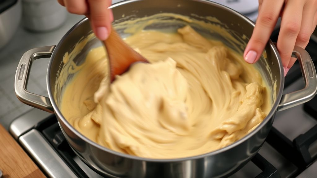 Mãos mexendo o refogado de frango com creme de milho em uma panela durante o preparo