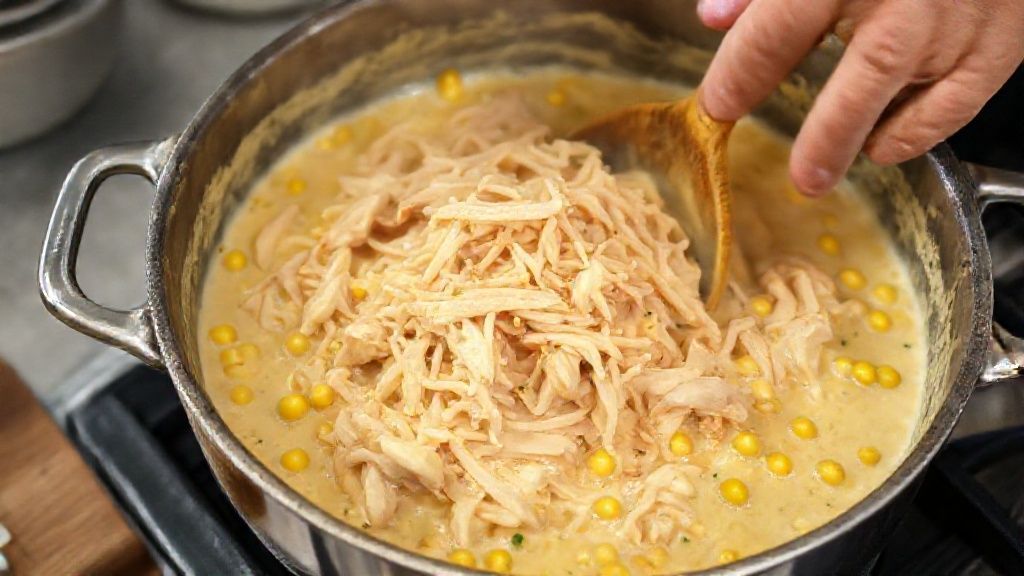 Mãos misturando o frango desfiado ao creme de milho em uma panela grande