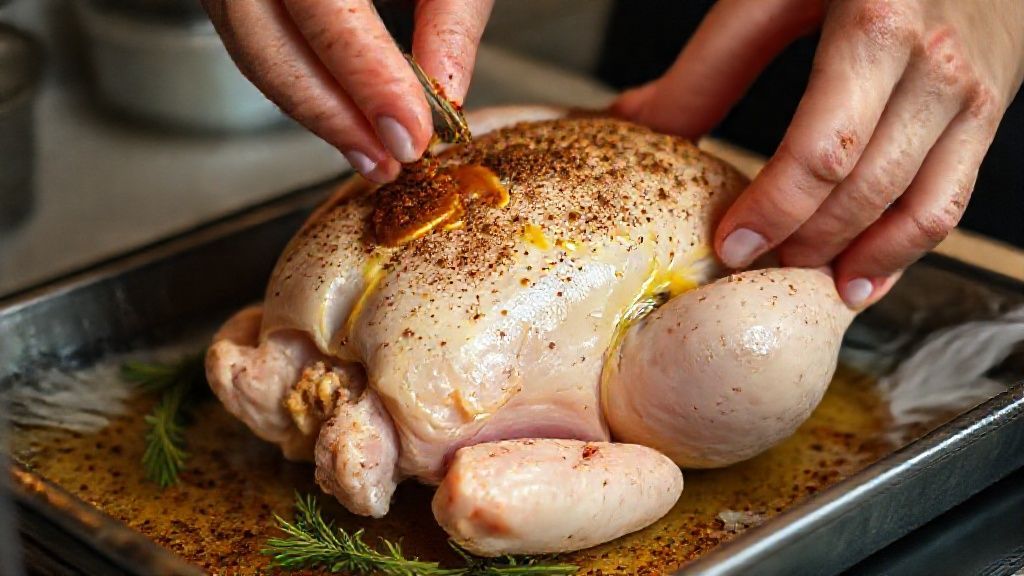 Mãos temperando o galeto com páprica e alho em uma tigela antes de levar ao forno