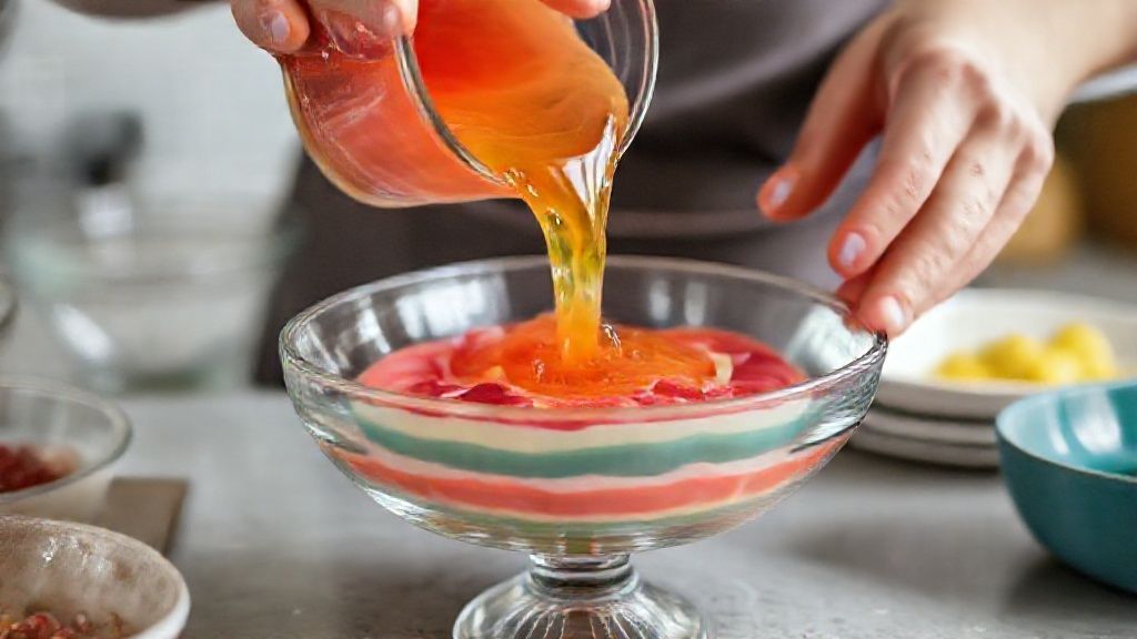 Mãos montando camadas de gelatina e creme branco em travessa transparente