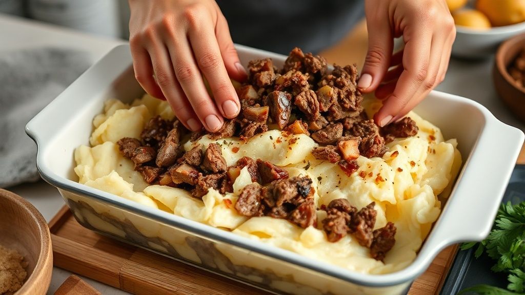 Mãos montando as camadas de purê e carne seca em um refratário antes de gratinar.