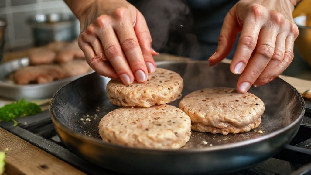 Mãos moldando hambúrgueres de frango sobre uma tábua de corte