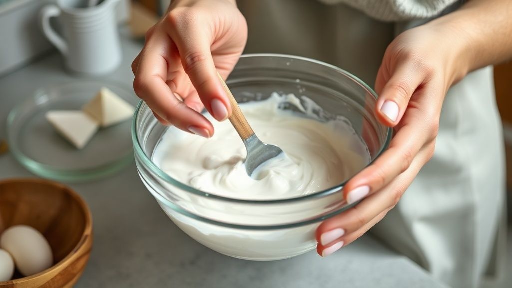 Mãos misturando líquidos em recipiente de vidro durante o preparo do hidratante caseiro