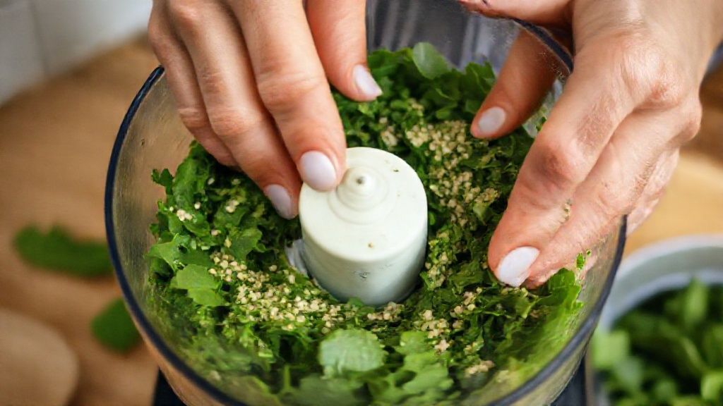 Mãos misturando a massa verde de espinafre e aveia em um processador de alimentos