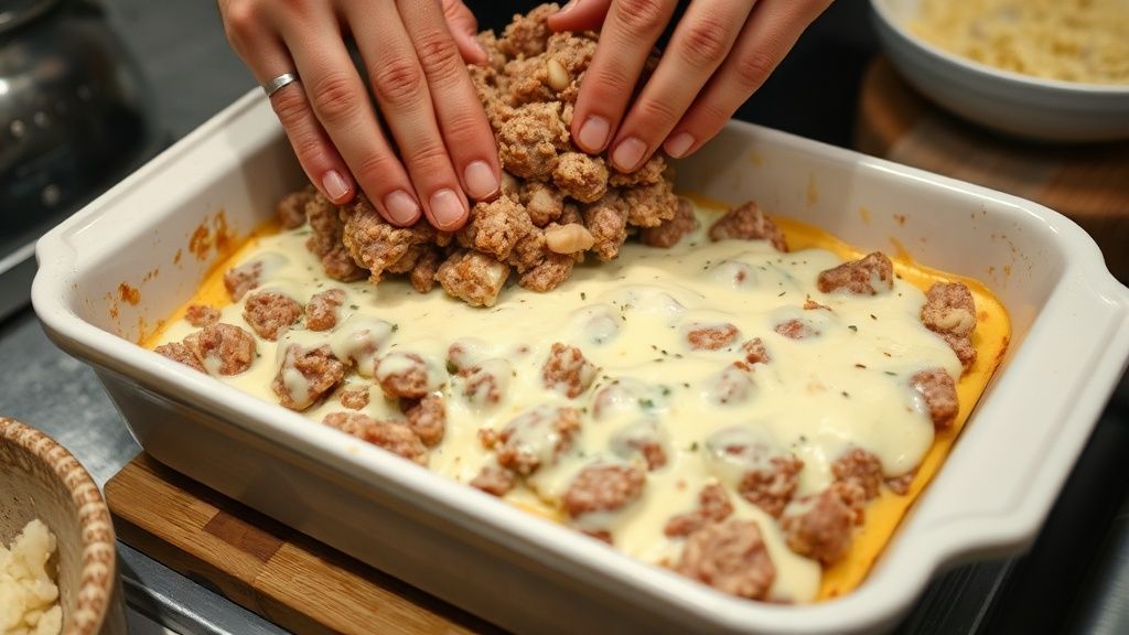 Mãos montando o kibe em camadas no refratário, adicionando o catupiry cremoso