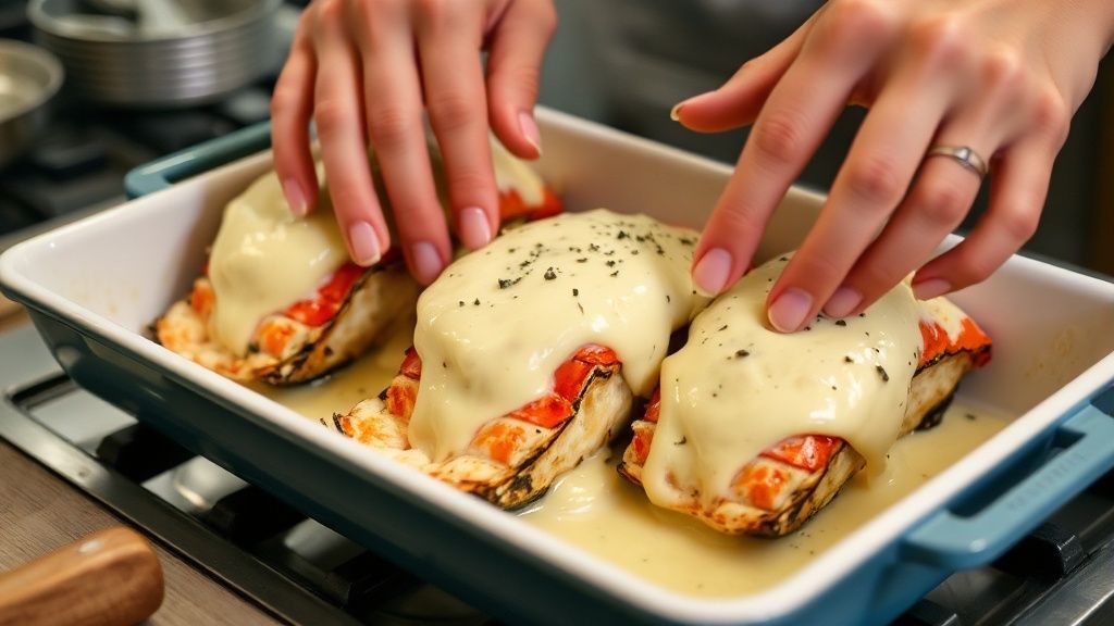 Mãos cobrindo as caudas de lagosta com molho cremoso em uma assadeira antes de ir ao forno