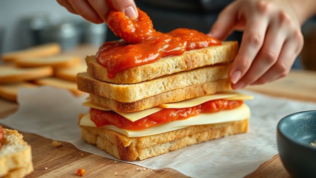 Mãos montando camadas de pão, molho e queijo em uma assadeira antes de levar ao forno