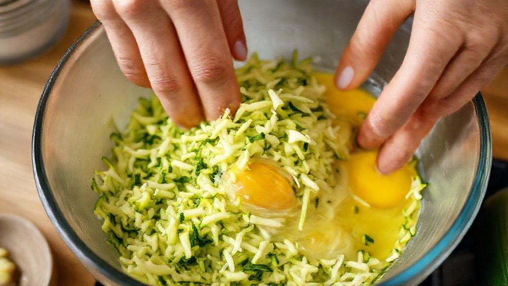 Mãos misturando abobrinha ralada e ovos em uma tigela durante o preparo do lanche fit