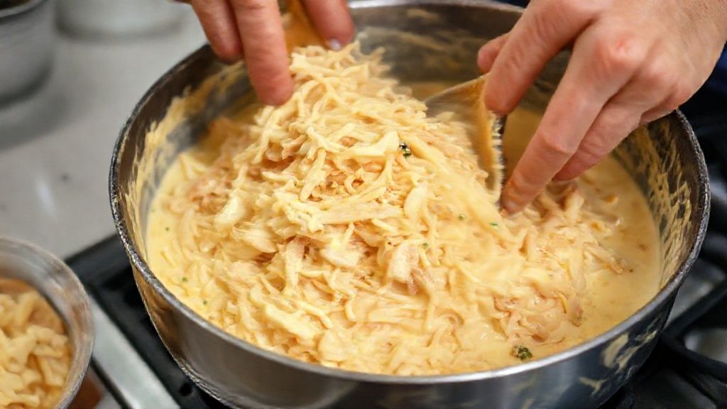 Mãos misturando frango desfiado e molho de queijo em tigela durante o preparo