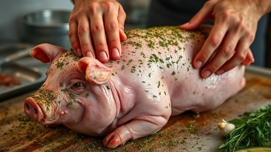 Mãos temperando o leitão com ervas e alho antes de assar, em uma cozinha iluminada