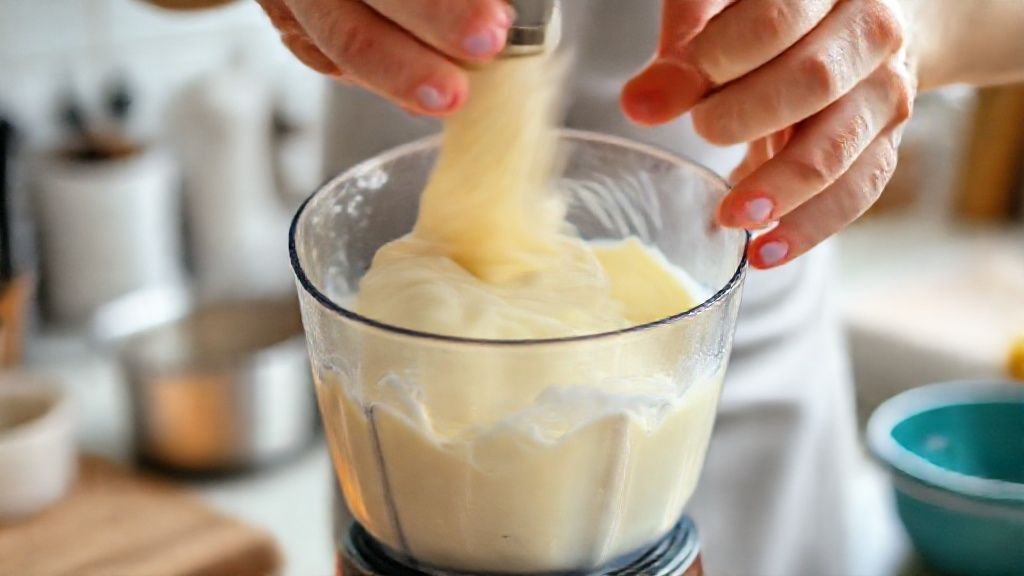 Mãos batendo os ingredientes no liquidificador durante o preparo do leite condensado.