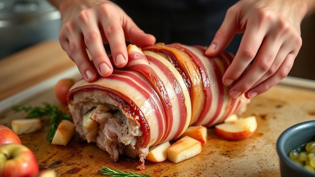 Mãos amarrando o bacon em volta do lombo antes de levar ao forno