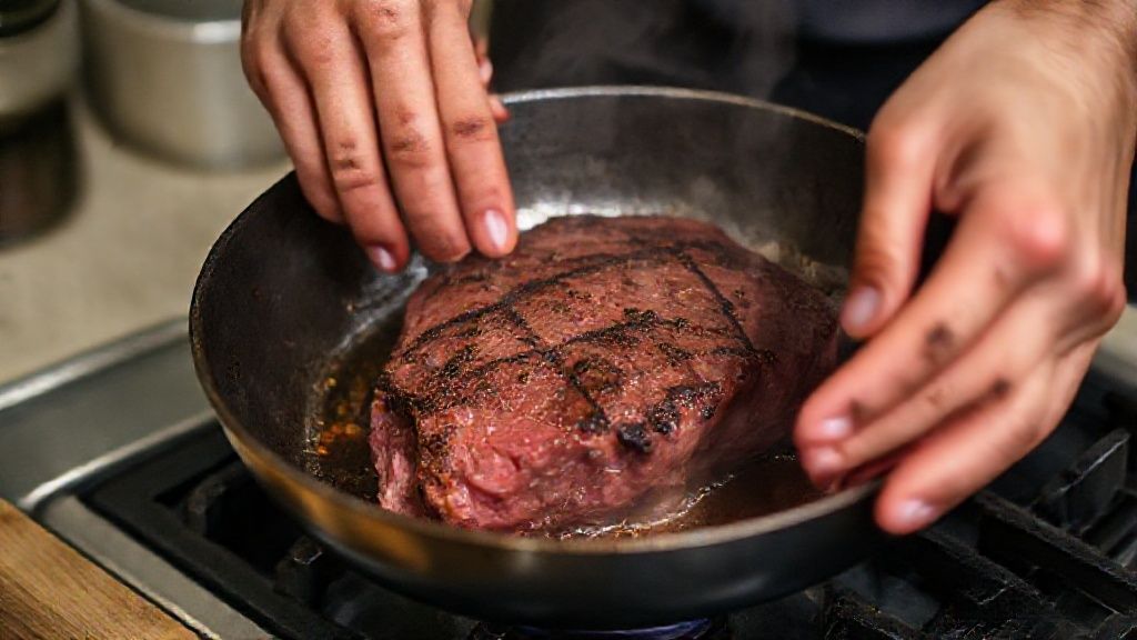 Mãos selando o lombo de veado em frigideira quente durante o preparo da receita