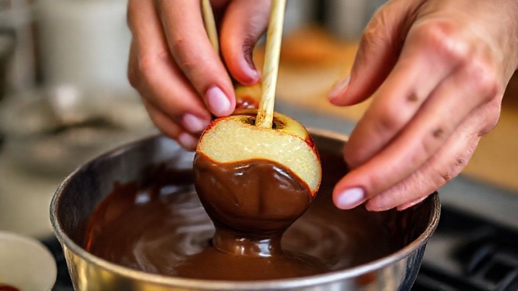 Mãos mergulhando maçã no chocolate derretido durante o preparo da receita