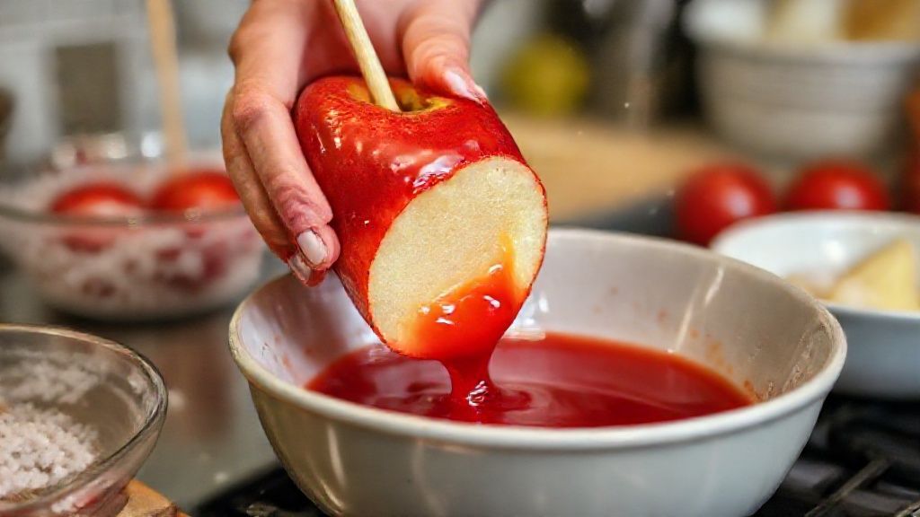Mãos mergulhando maçã na calda vermelha quente durante o preparo da receita.