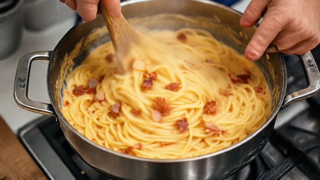 Mãos misturando o molho cremoso com o macarrão e bacon em uma frigideira.