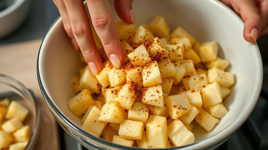 Mãos mexendo os pedaços de mandioca com temperos em uma tigela antes de levar ao forno