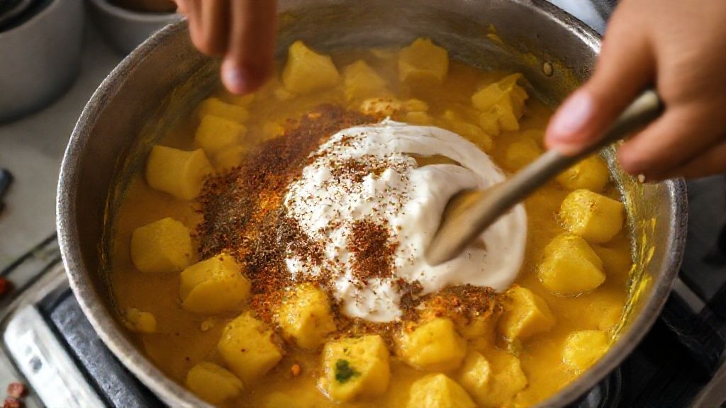 Mãos refogando o tempero com curry e açafrão na frigideira durante o preparo da receita