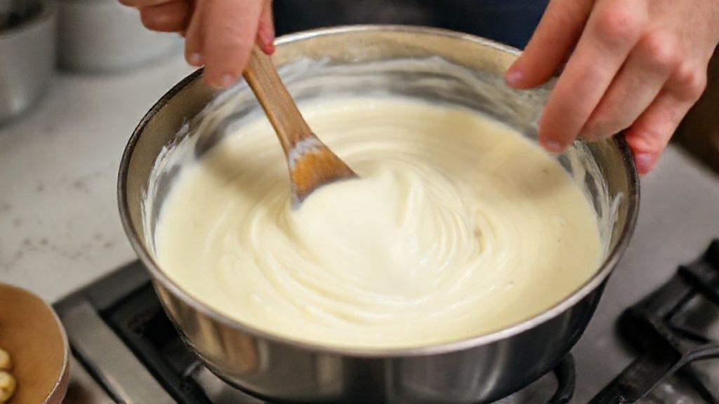 Mãos mexendo o creme do manjar na panela até engrossar, mostrando a textura cremosa.