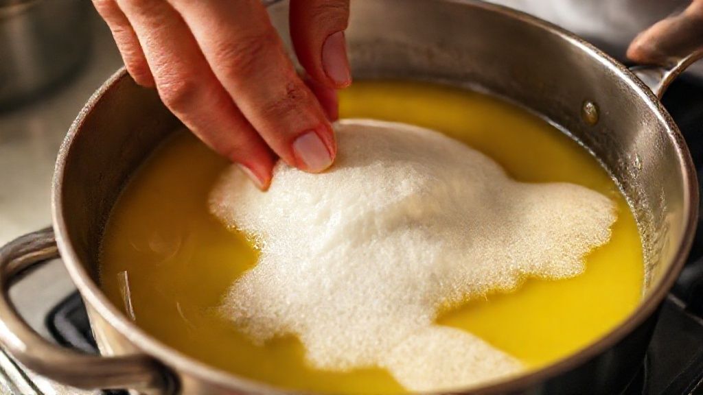 Mãos segurando colher enquanto removem a espuma da manteiga derretendo lentamente na panela