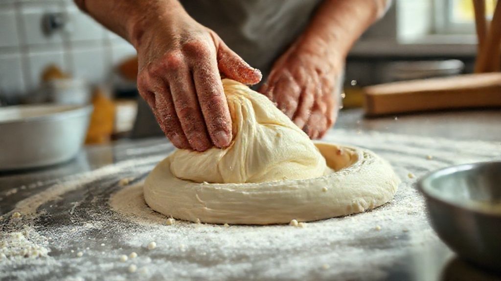 Mãos sovando a massa de pastel em bancada enfarinhada, mostrando a textura elástica
