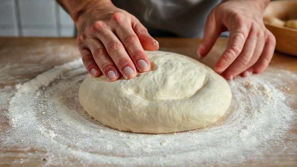 Mãos sovando a massa macia em uma bancada enfarinhada durante o preparo